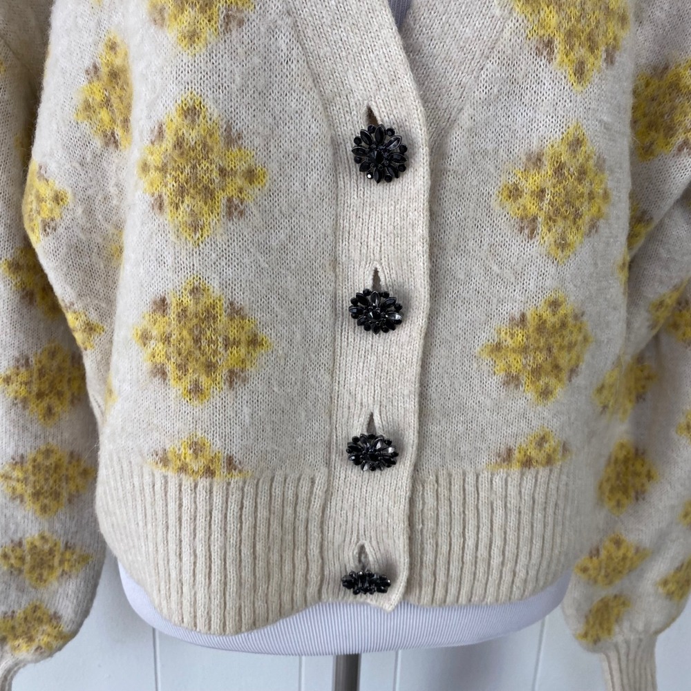 Zara Sz M Yellow Diamond Knit Jewel Button Cardigan Cream Wool Alpaca Blend - Picture 6 of 11